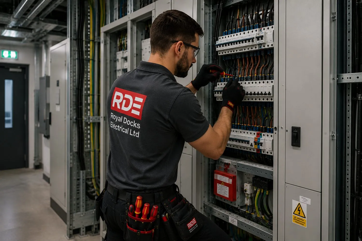Royal Docks Electrical engineer working on commercial switchgear