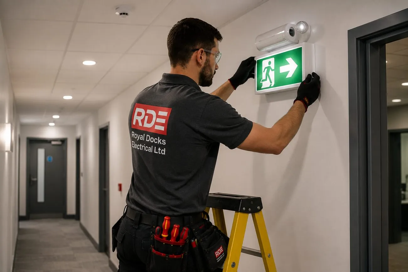 Electrician installing an emergency exit sign light in a commercial corridor