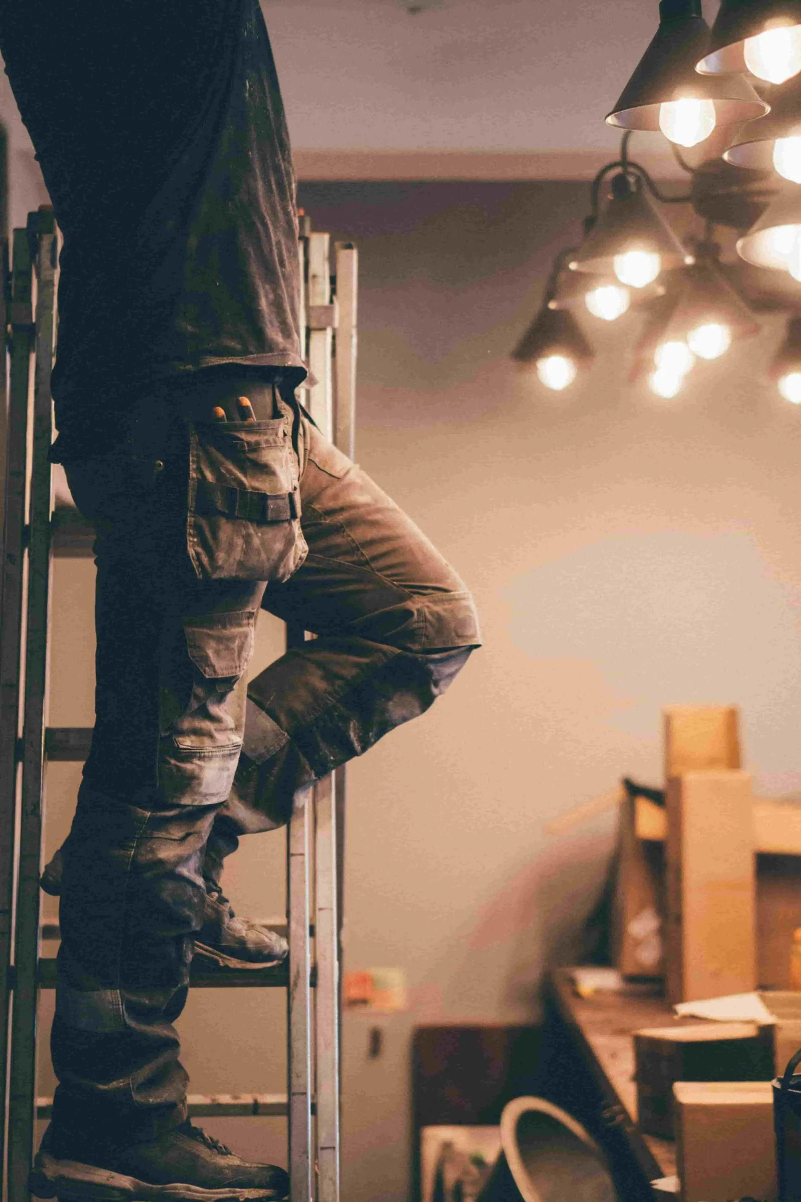 Electrician working from a ladder on a call-out