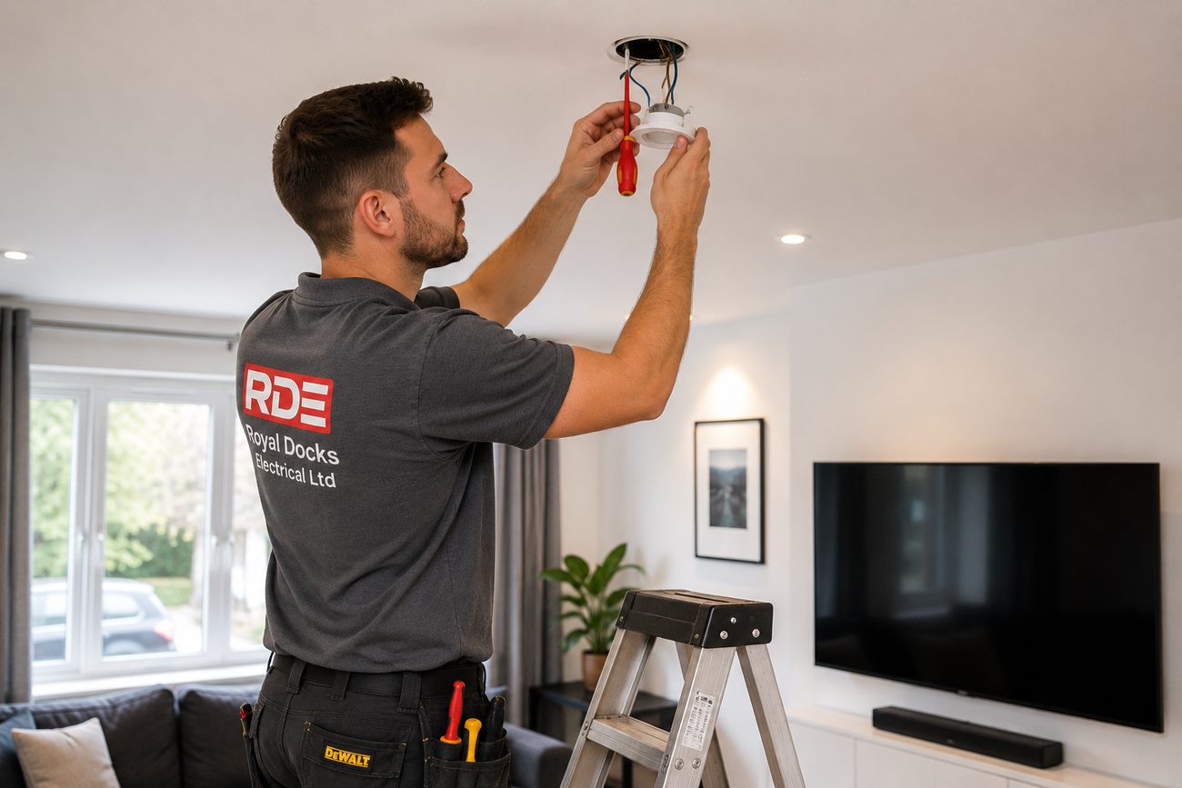 Electrician fitting LED downlights in a living room