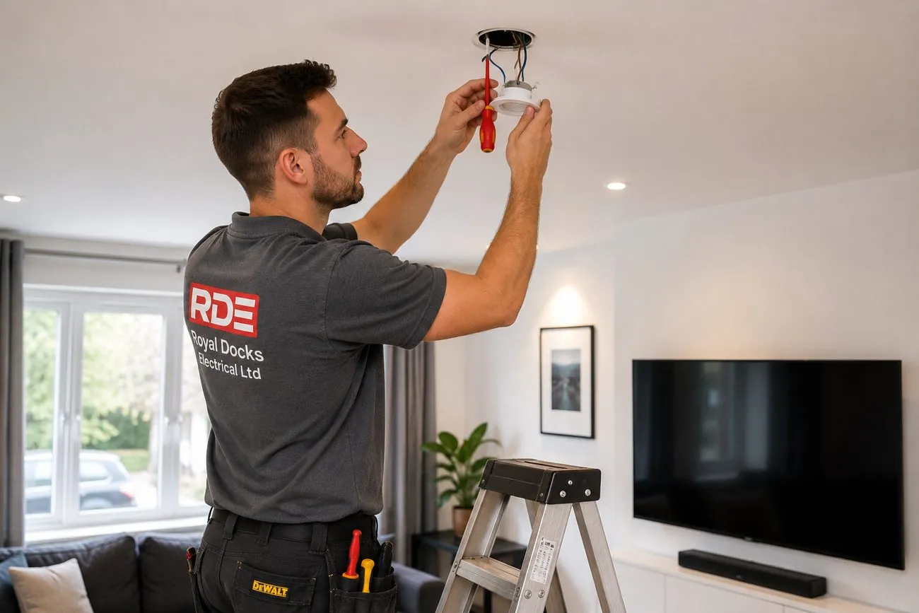 Electrician fitting LED downlights in a living room