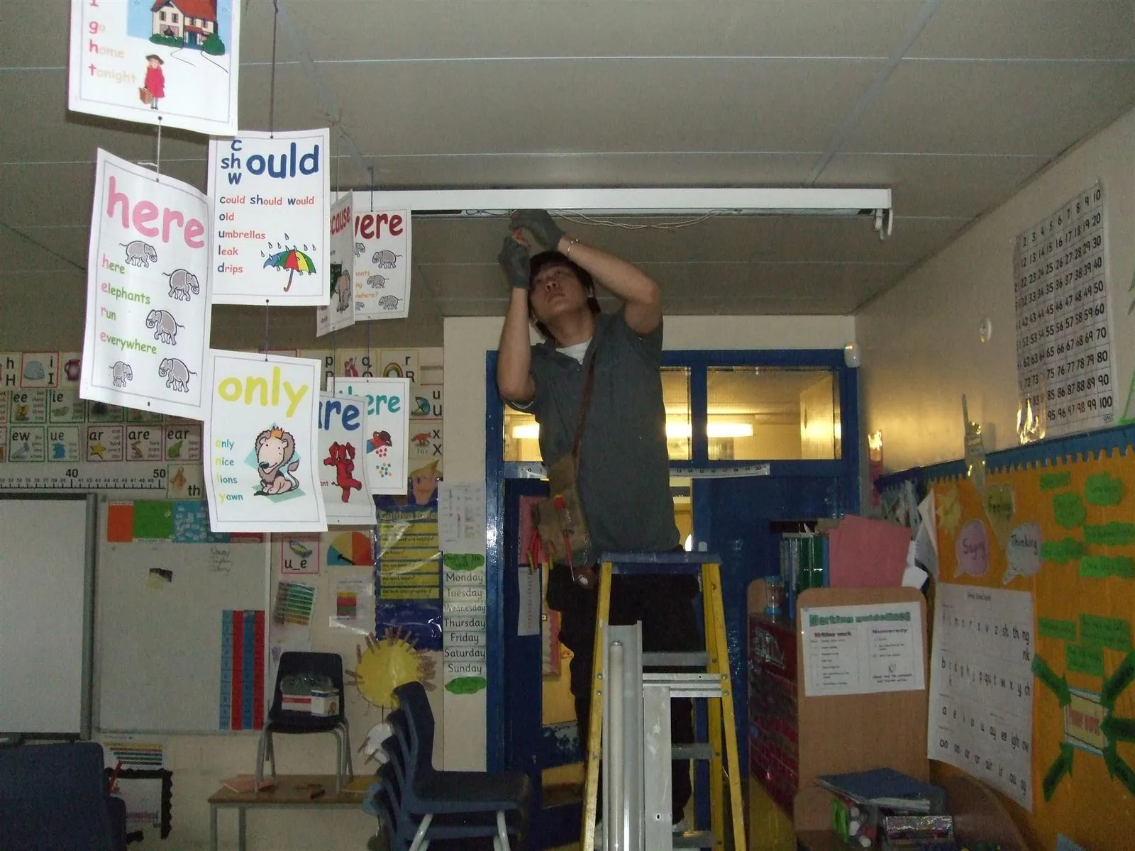 Electrician fitting a ceiling tube light