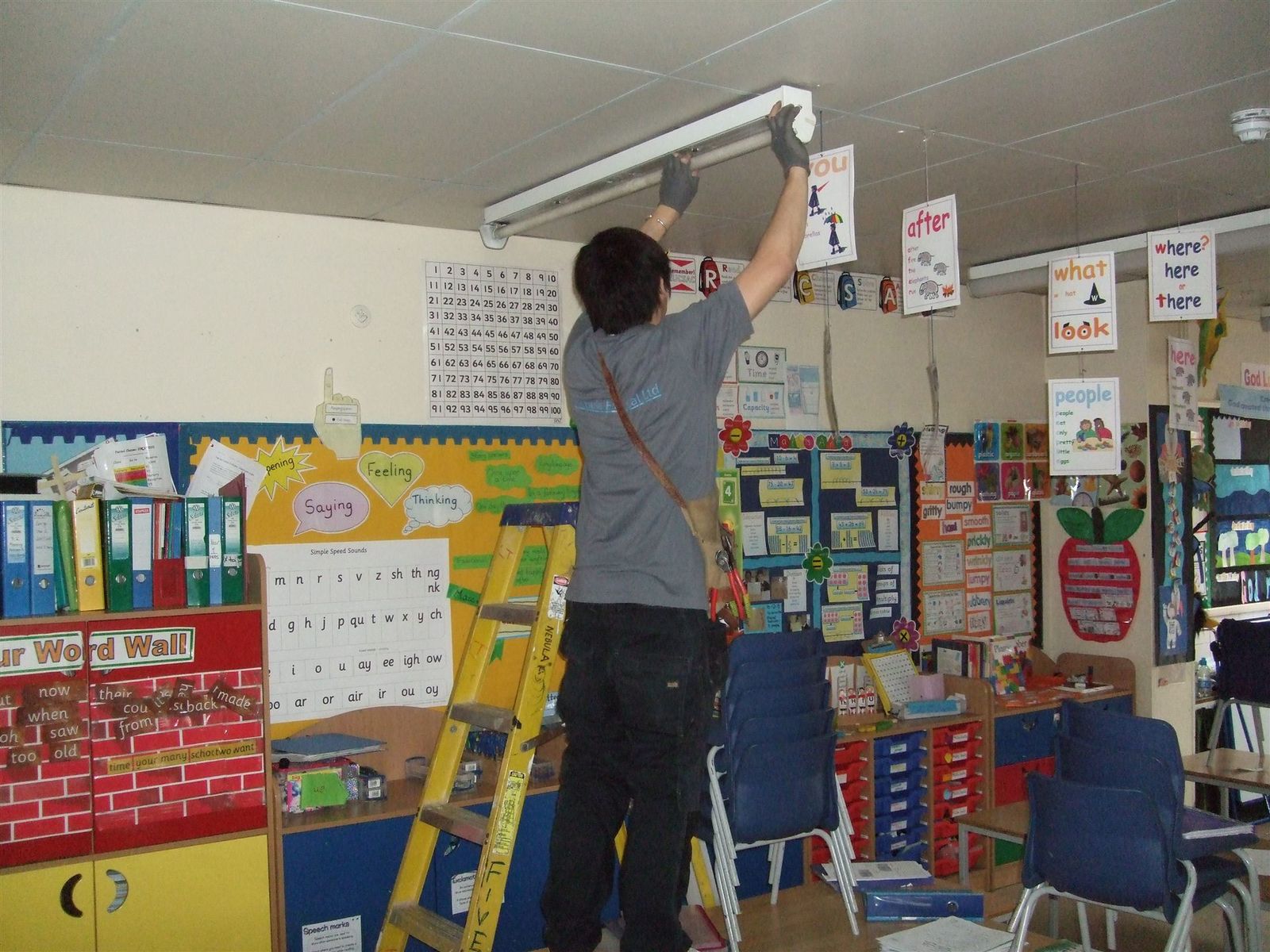 Electrician installing ceiling tube lighting in a classroom