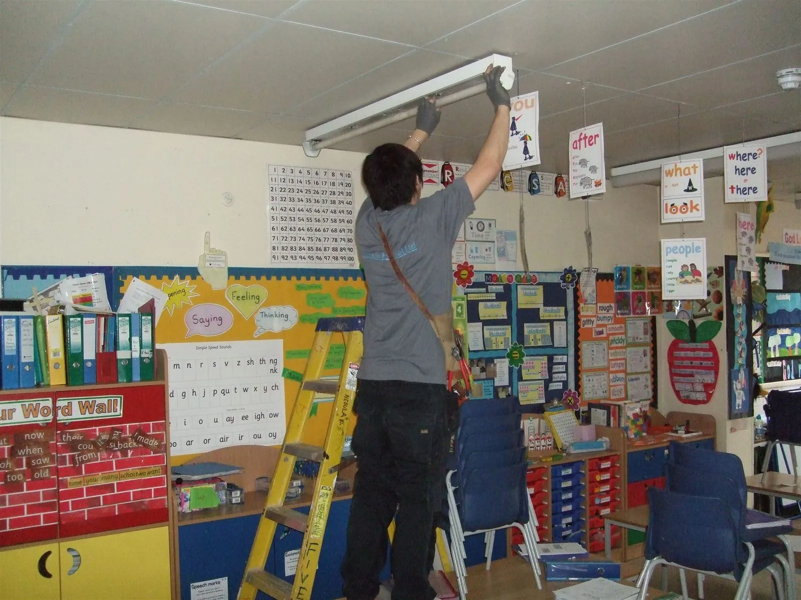 Electrician installing ceiling tube lighting in a classroom