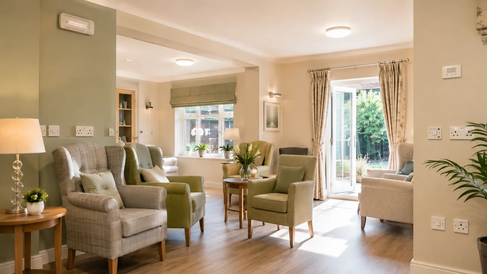 Care home communal lounge with emergency lighting and wall sockets