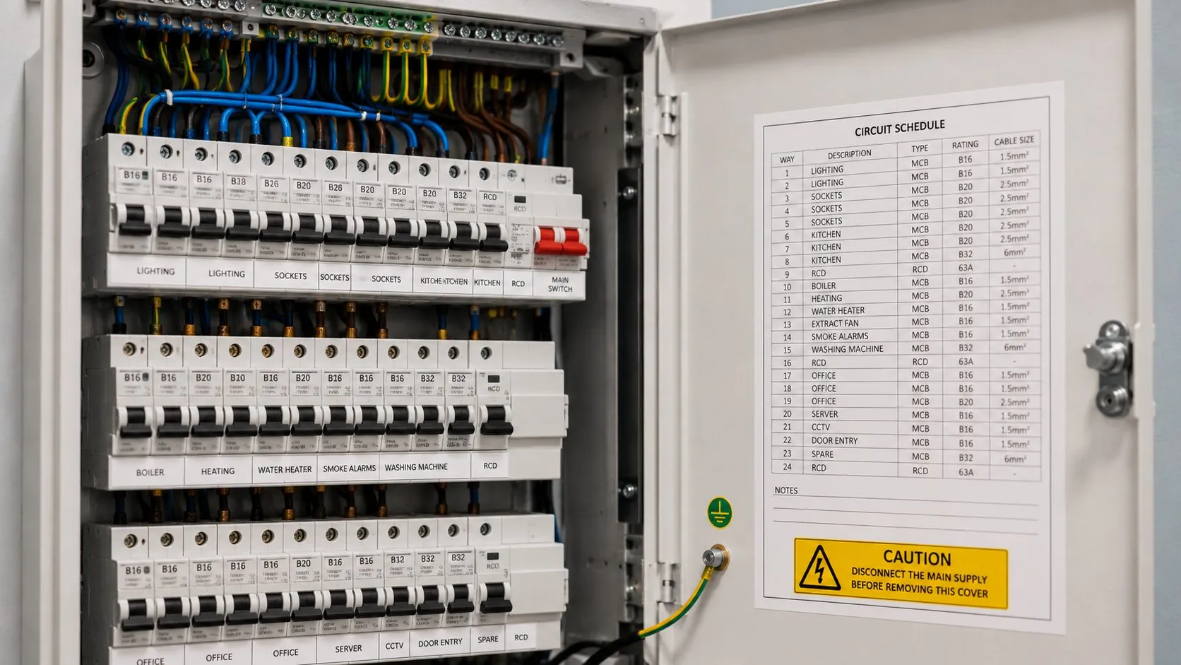 Open distribution board with a labelled circuit schedule