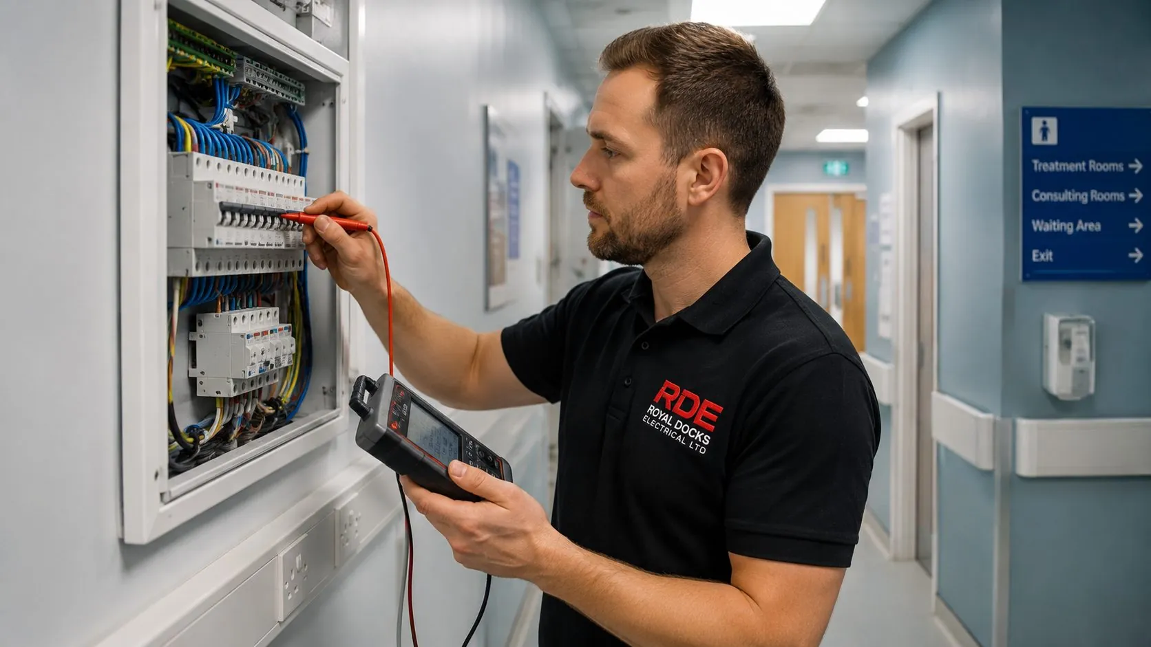 Electrician testing a distribution board in a healthcare corridor