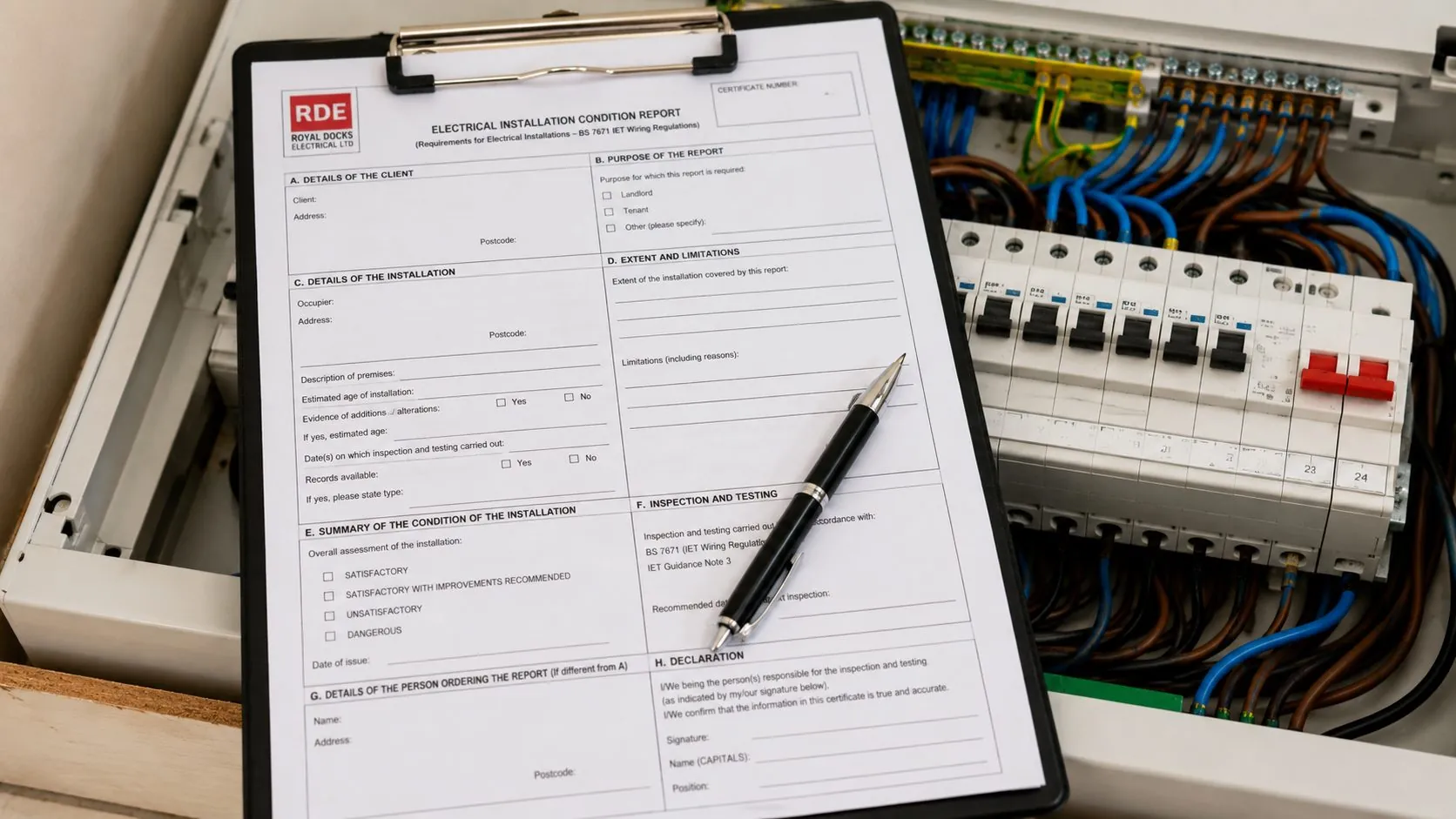 Electrical certification paperwork on a clipboard beside a distribution board