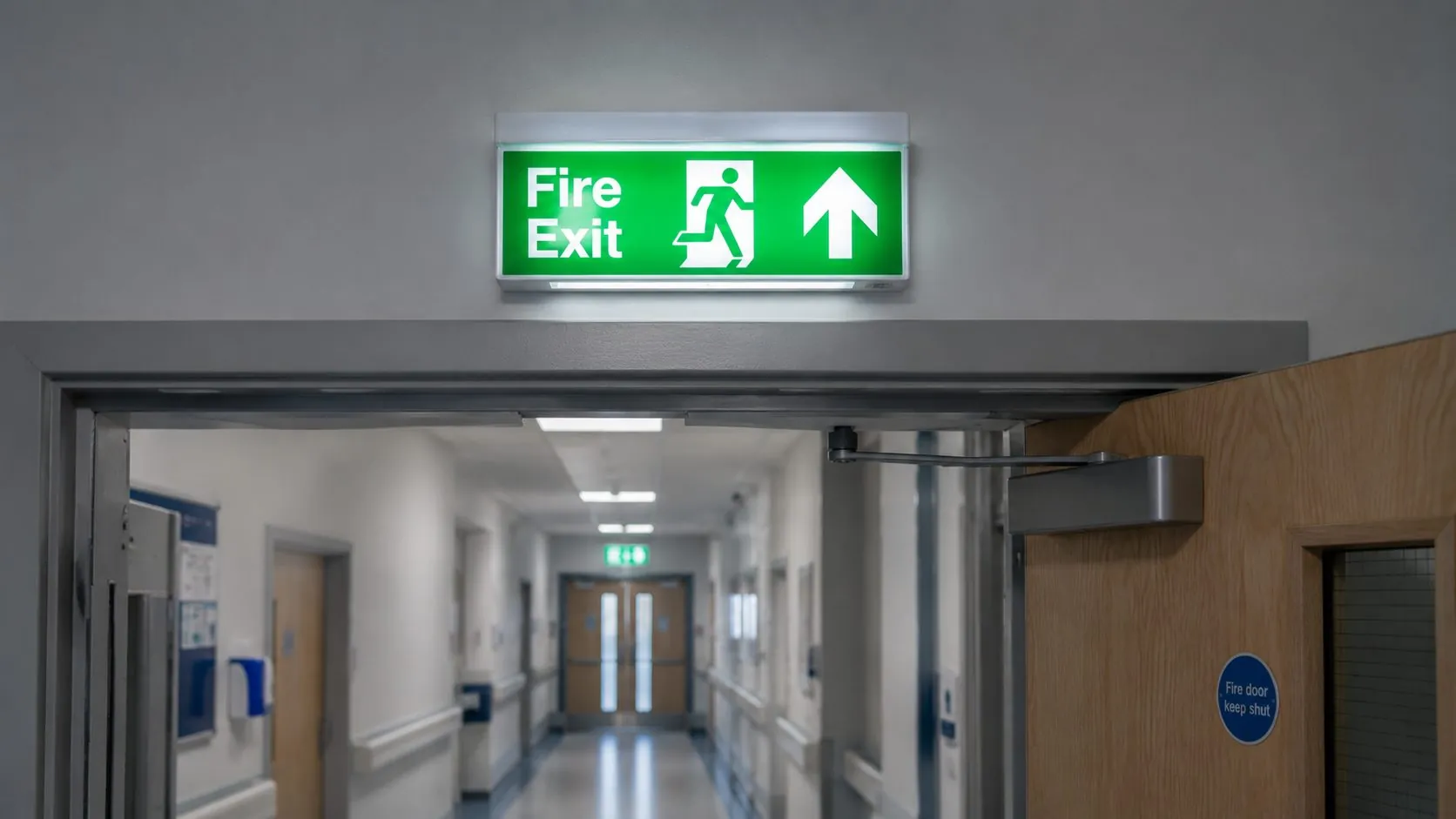 Illuminated fire exit sign above a care home corridor door