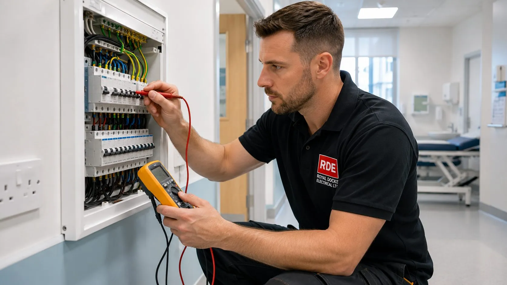 Electrician testing appliances and circuits with a multimeter