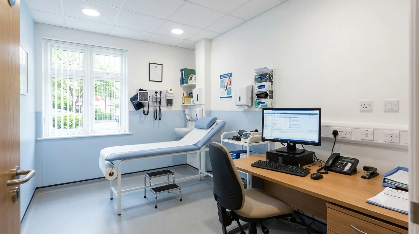 GP consulting room with examination couch and electrical equipment