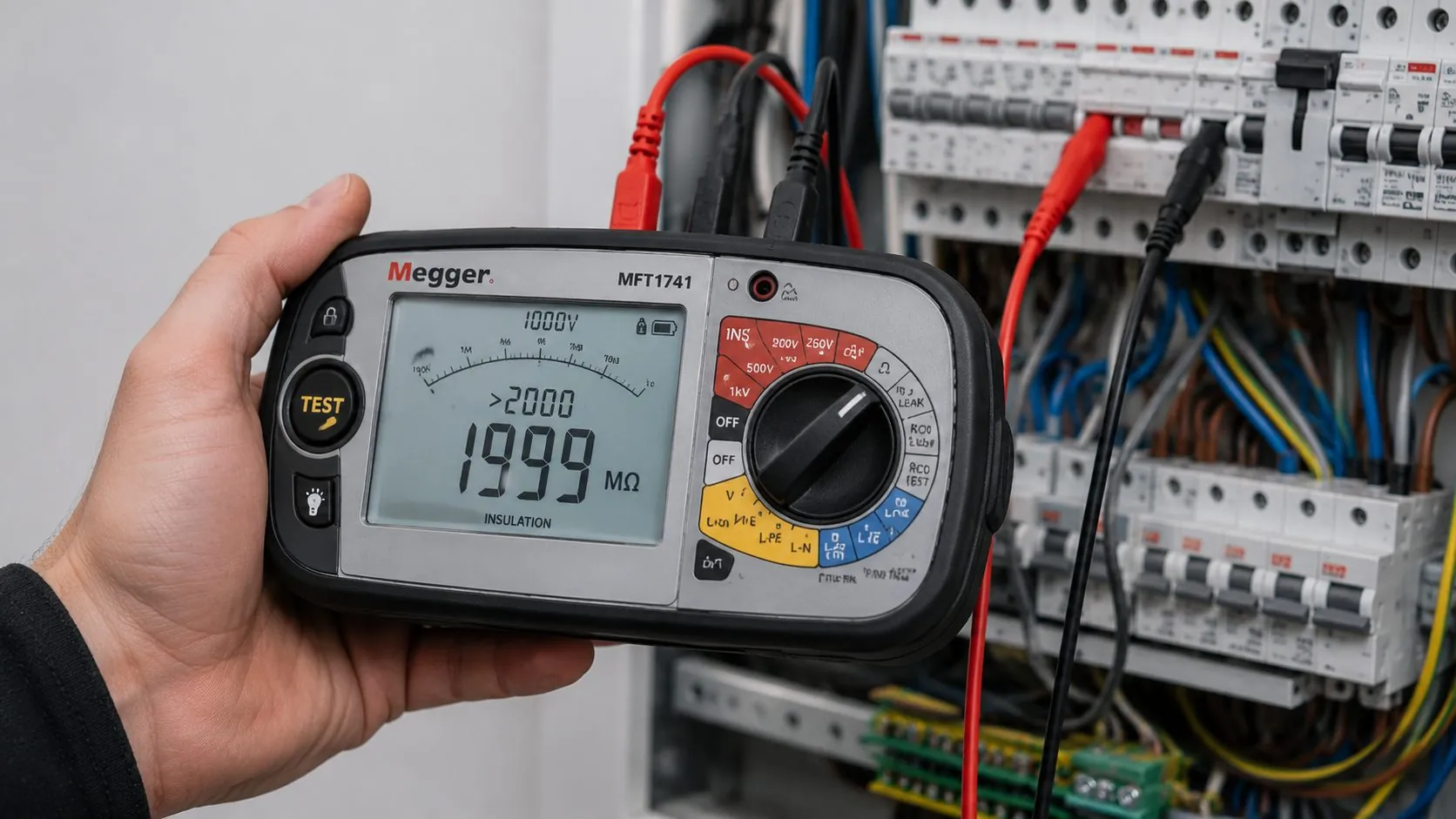 Insulation resistance test reading on a distribution board