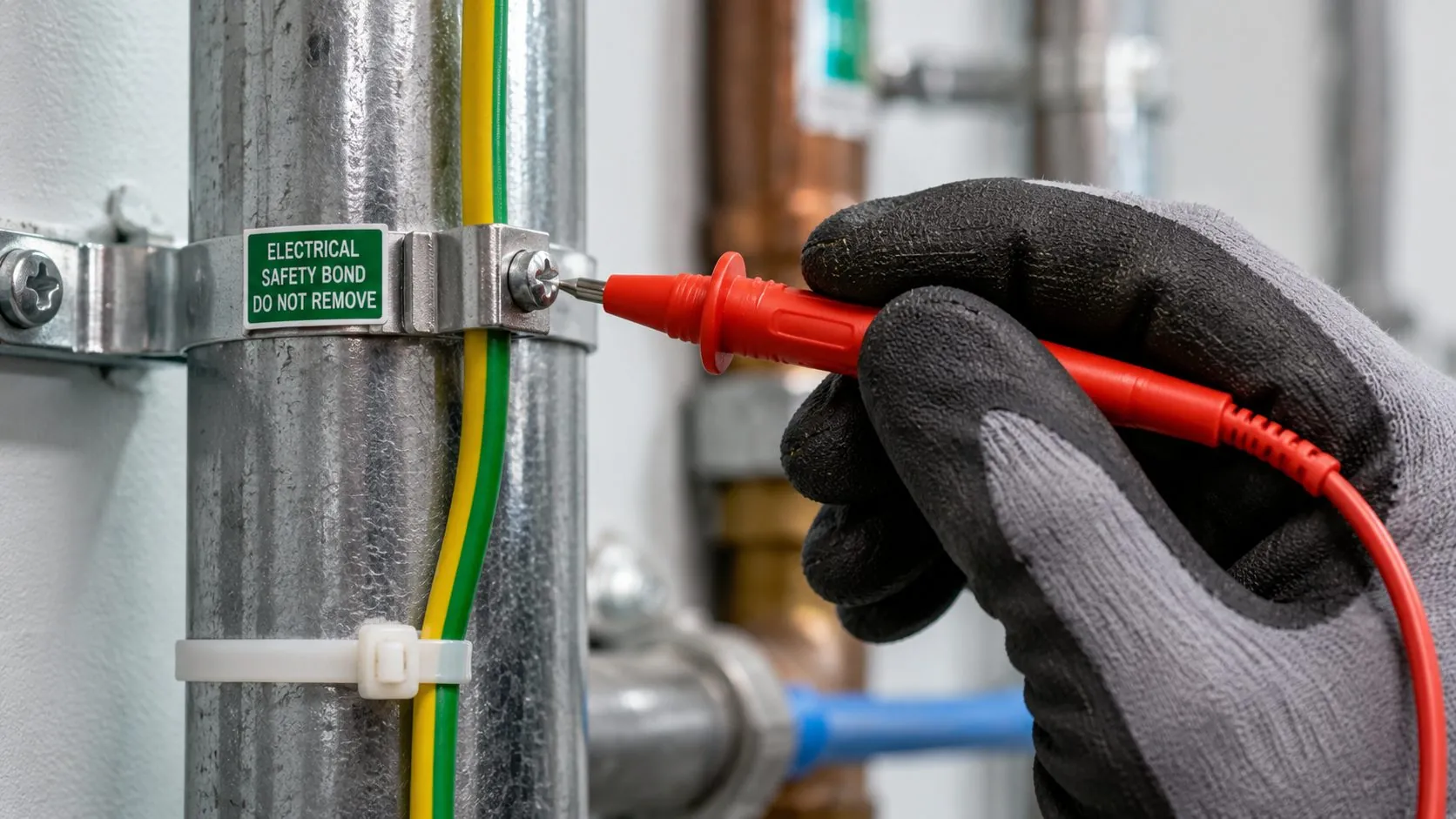 Test probe checking a supplementary bonding conductor