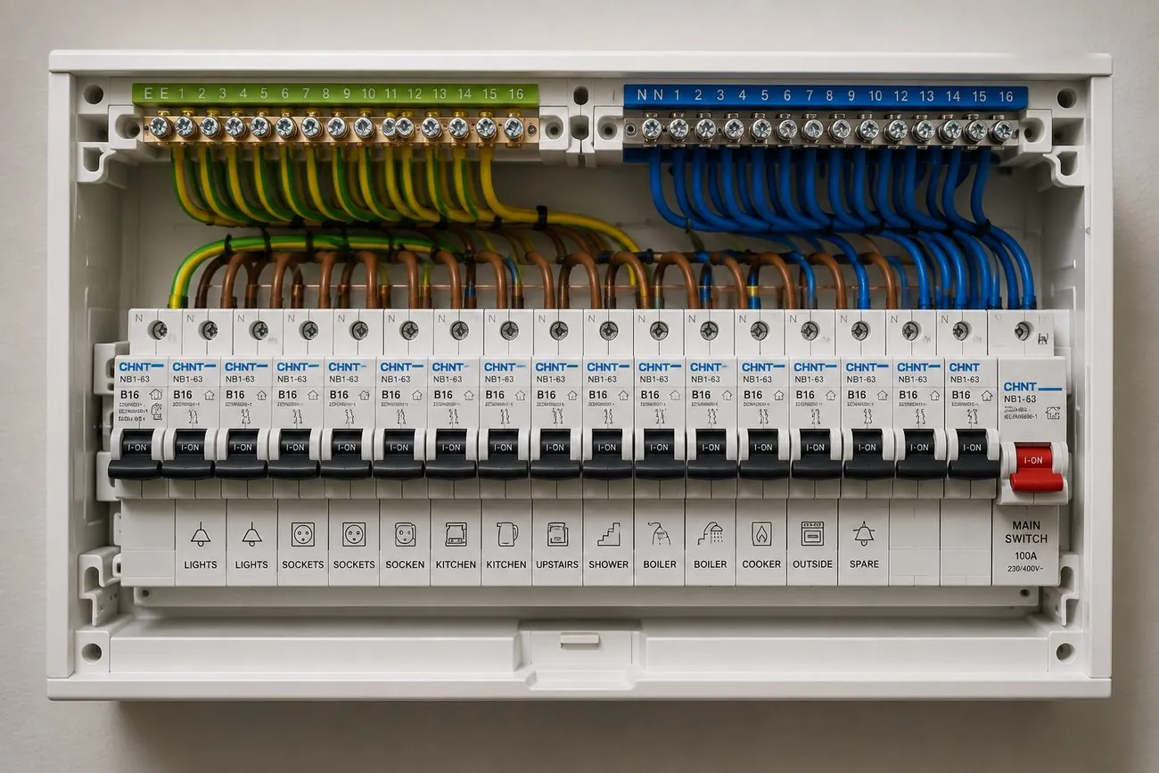 Modern labelled consumer unit installed in a London flat